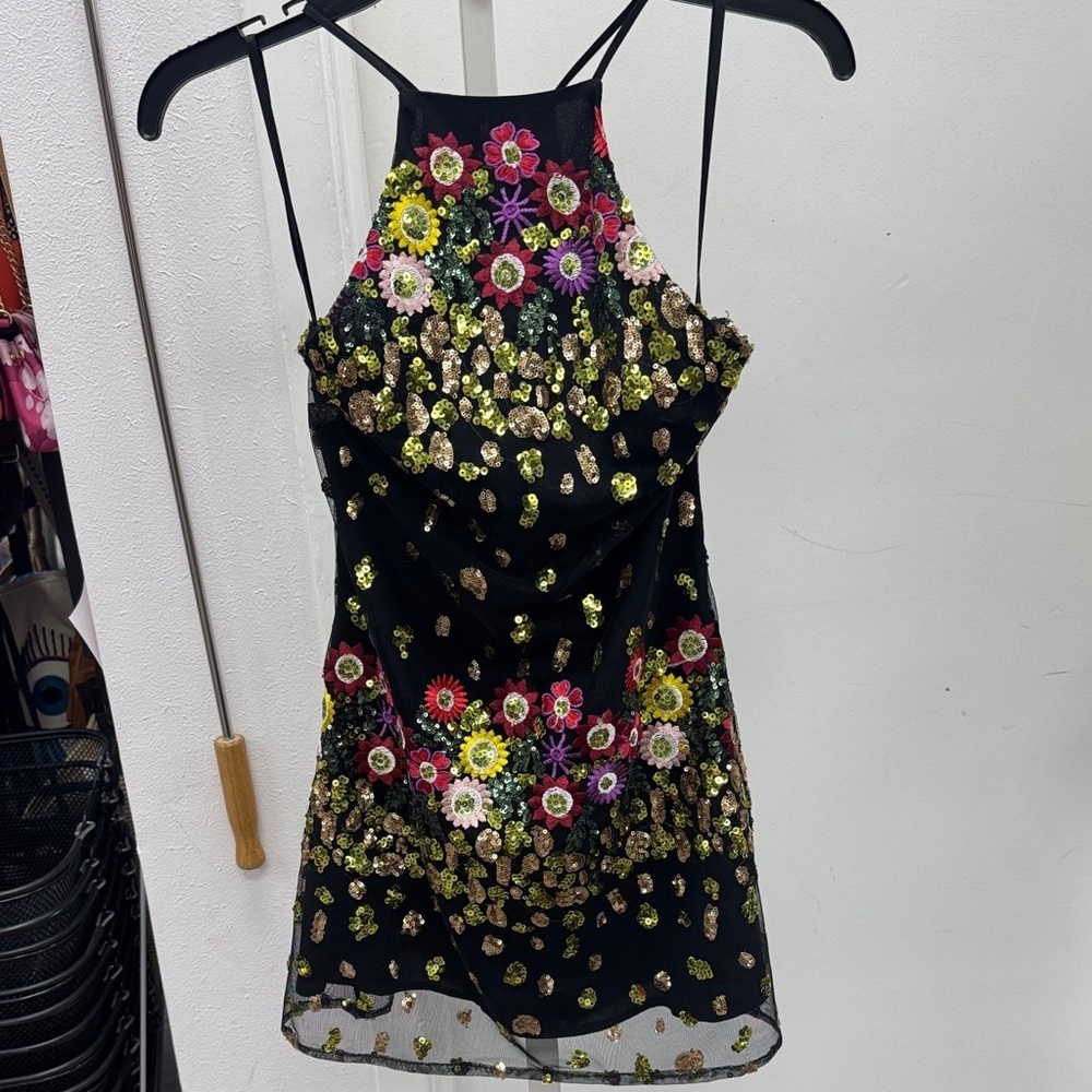 Lovers + Friends Black Floral Sequin Mini Dress Size XS